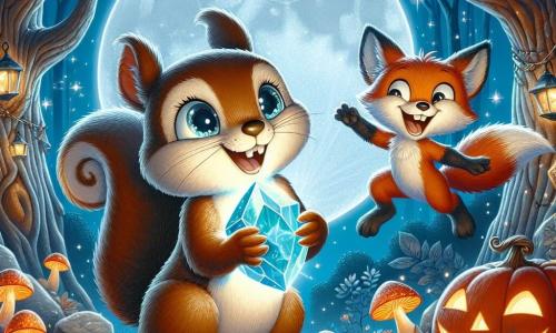Nutty, a young squirrel with brown fur and sparkling curious eyes, stands at the center of the scene, holding the shiny Moonstone in his tiny paws, with a proud smile on his face. Next to him, Tilly, a bright red fox with mischievous eyes, jumps for joy, her bushy tail in the air, expressing her enthusiasm and support. The scene takes place in an enchanted clearing of the Whispering Woods, bathed in the silver light of the moon, surrounded by majestic trees with gnarled trunks and glowing mushrooms that twinkle like lanterns. Nutty and Tilly celebrate their victory after finding the Moonstone, while smiling jack-o'-lanterns, illuminated from within, surround them, applauding their bravery and filling the air with magic and excitement.