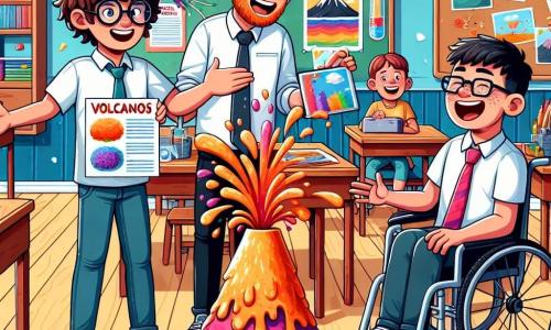In a bright and colorful classroom, three children stand together, surrounded by school decorations. On the left, Jamie, a 12-year-old boy with messy brown hair and round glasses, smiles enthusiastically while holding a poster about volcanoes. In the center, Noah, a 12-year-old boy with blond hair and freckles, gestures energetically while showing their brightly painted volcano model. On the right, Ethan, a 12-year-old boy in a wheelchair with black hair and glasses, laughs while holding a tablet with images of volcanoes. The classroom is filled with wooden desks, colorful boards, and educational posters on the walls, creating a joyful and welcoming atmosphere. The three friends are presenting their science project on volcanoes to their classmates, featuring an erupting volcano made of baking soda and vinegar, overflowing with colorful foam, which delights and entertains their peers.