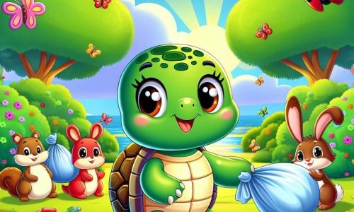 Una pequeña tortuga verde, con un caparazón brillante y ojos llenos de curiosidad, se encuentra en el centro de la imagen, sonriendo y decidida. Recoge basura colorida en el parque, rodeada de flores brillantes y árboles majestuosos. A su derecha, una mariquita roja con puntos negros vuela alegremente, sosteniendo un pequeño trozo de plástico en sus patas. A su izquierda, un pequeño conejo blanco con orejas grandes sostiene una botella de plástico, listo para ponerla en una gran bolsa. Más lejos, una ardilla marrón, con una cola tupida, sube por un árbol, observando a sus amigos con una sonrisa orgullosa. El parque es luminoso, con un cielo azul claro y rayos de sol que se filtran a través de las hojas, mientras mariposas coloridas vuelan a su alrededor. La escena muestra una atmósfera de camaradería y compromiso con la protección de la naturaleza, mientras los amigos trabajan juntos para limpiar su entorno.