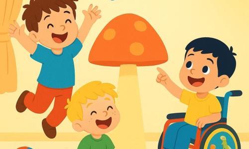 There are 3 characters: Benny, a 5-year-old boy with messy brown hair and a mischievous smile, wearing a blue t-shirt and red pants, jumping with arms raised towards a streetlight. Max, a 4-year-old boy with blonde hair and freckles, wearing a green t-shirt and striped shorts, sits on the floor laughing with his hands on his knees. Leo, a 3-year-old boy with black hair and sparkling eyes, is in a colorful wheelchair decorated with dinosaur stickers, pointing at the streetlight with a big smile. The setting is a bright and cheerful room with pastel yellow walls, colorful toys scattered on the floor, and a large mushroom-shaped streetlight illuminating the space. The main scene shows the three brothers playfully competing for a blue sock that landed on the streetlight, with Benny and Max jumping while Leo laughs and tries to help them catch it.