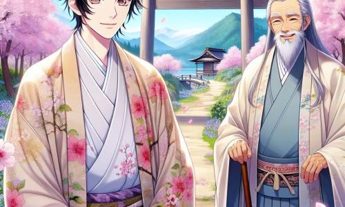 Der Hauptcharakter ist ein Mann namens Haruto, etwa 30 Jahre alt, mit schwarzen Haaren und leuchtenden Augen, der einen traditionellen Kimono aus leichtem, floral gemustertem Stoff trägt. Er zeigt tiefe Neugier und Entschlossenheit in seinem Blick, während er einen Weg entlanggeht, der von blühenden Kirschbäumen gesäumt ist, deren rosa Blütenblätter um ihn herabfallen. An seiner Seite steht Yuki, ein etwa 70-jähriger Mann mit langen weißen Haaren und gepflegtem Bart, der ein schwebendes Kleid in Pastellfarben trägt. Yuki lächelt weise, hält einen Gehstock und scheint Haruto zum Geheimnis des versteckten Schatzes zu führen. Der Ort ist ein wunderschöner japanischer Tal, gefüllt mit blühenden Kirschbäumen, einem klaren blauen Himmel und grünen Bergen im Hintergrund. Ein alter Holztorii steht majestätisch in der Mitte, umgeben von strahlenden Blumen und sanftem Licht, was eine magische und friedliche Atmosphäre schafft. Die Hauptsituation zeigt Haruto und Yuki, die vor dem Torii stehen, während Haruto das mystische Tor betrachtet, bereit, die wertvolle Lektion zu entdecken, die ihn auf der anderen Seite erwartet, während Kirschblütenblätter in einer sanften Brise um sie tanzen.