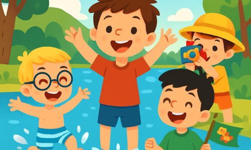 Es gibt 4 Kinder: - Benni: ein 8-jähriger Junge mit zerzausten braunen Haaren, der ein rotes T-Shirt und eine blaue Shorts trägt. Er steht in der Mitte, lächelt und hebt die Arme in die Luft, voller Energie. - Max: ein 7-jähriger Junge mit blonden Haaren und einer Brille, der ein gestreiftes Badeanzug trägt. Er steht links von Benni und springt mit einem breiten Lächeln ins Wasser. - Leo: ein 8-jähriger Junge mit schwarzen Haaren und einem grünen T-Shirt, der eine kleine Dinosaurier-Flagge hält. Er steht rechts von Benni, lacht und zeigt seine Flagge. - Tom: ein 7-jähriger Junge mit braunen Haaren und einem Sonnenhut, der eine orange Shorts trägt. Er steht etwas weiter hinten und macht mit einer bunten Kamera ein Foto. Der Ort der Hauptsituation ist ein wunderschöner sonniger See, umgeben von großen grünen Bäumen und bunten Blumen. Das Wasser ist strahlend blau, und Enten schwimmen friedlich. In der Ferne zeichnen sich grüne Hügel unter einem blauen Himmel mit fluffigen weißen Wolken ab. Die Hauptsituation zeigt die Kinder, die an einem Tag mit Wasserspielen zusammen Spaß haben. Sie lachen und spritzen fröhlich im Wasser, während ihre bunten Flaggen im Wind wehen. Die Atmosphäre ist voller Freude und Freundschaft und fängt den Geist des Sommerurlaubs ein.