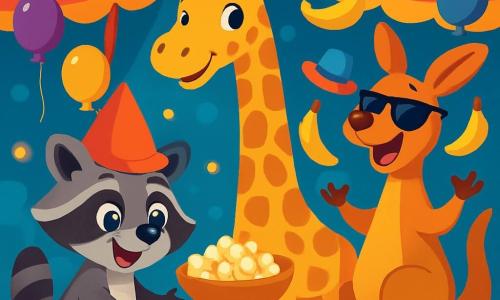 A mischievous little raccoon with shiny gray and black fur wears an oversized red clown hat. He has sparkling eyes and a wide smile as he picks up popcorn pieces falling around him. Next to him, a tall giraffe with golden spots and a friendly smile holds a tray of popcorn, watching the raccoon with amusement. A juggling kangaroo with brown fur and sunglasses juggles bananas and colorful hats, laughing joyfully. The scene takes place under a brightly colored circus tent with red and yellow stripes, filled with twinkling lights and floating balloons. In the center, the raccoon, giraffe, and kangaroo are all gathered, ready to prepare a hilarious show, surrounded by a crowd of curious and enthusiastic animals.
