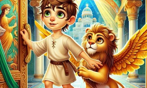 Un giovane di nome Marco, di circa 12 anni, si trova al centro della scena. Ha capelli castani disordinati, occhi pieni di curiosità e un sorriso meravigliato. Indossa una tunica semplice in lino beige e sandali in cuoio, mentre tocca una grande porta di legno decorata con antichi motivi, il suo sguardo è colmo di eccitazione e attesa. Accanto a lui, una maestosa creatura, un leone alato, si erge fiero. Il leone ha una pelliccia dorata e ali scintillanti, i suoi occhi brillano di una saggezza antica. Osserva Marco con benevolenza, pronto a rivelargli i segreti del tempio. Il decor è quello di un antico tempio a Roma, con grandi colonne di marmo coperte di tessuti verdi e oro. Mosaici colorati adornano le pareti, rappresentando scene mitologiche, mentre una luce dorata filtra dalle crepe del soffitto, creando un'atmosfera magica e misteriosa. La scena principale mostra Marco, il cuore che batte forte, pronto a varcare la porta del tempio, mentre il leone alato lo incoraggia con un'espressione di orgoglio. L'atmosfera è carica di eccitazione e mistero, promettendo un'avventura incredibile.