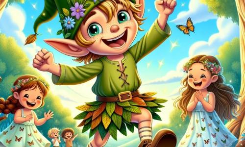Un follet felice di nome Pippetto, con un grande cappello verde a punta, occhi scintillanti di malizia e un ampio sorriso, danza in una radura soleggiata. Indossa una tunica di foglie e scarpe di cuoio consumato, saltellando con entusiasmo. Accanto a lui, una bambina di 7 anni di nome Sofia, con lunghi capelli castani e trecce decorate con fiori colorati, ride a crepapelle, le braccia alzate verso il cielo. Indossa un vestito leggero a motivi di farfalle e sandali. Sullo sfondo, un gruppo di bambini, tra cui un ragazzo di 8 anni di nome Marco, con i capelli biondi in disordine, applaude e sorride, affascinato dalla magia del momento. Il luogo è una foresta incantata, con alberi maestosi e tronchi nodosi che si ergono verso un cielo blu brillante, e fiori dai colori vivaci che danzano al ritmo del vento. I raggi di sole filtrano tra le foglie, creando macchie luminose sul terreno ricoperto di muschio morbido. La scena principale mostra Pippetto che, con energia travolgente, esegue piroette e capriole, mentre Sofia e gli altri bambini lo incoraggiano, ridendo e divertendosi insieme in un'atmosfera gioiosa e magica.