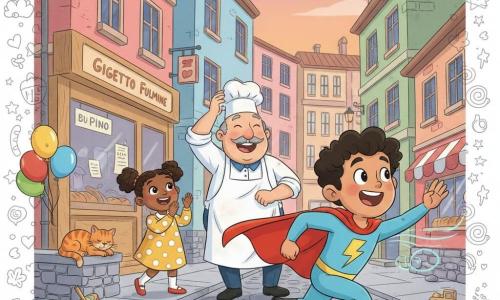 Un supereroe di nome Gigetto Fulmine, sorriso smagliante e occhi vivaci, costume blu e mantello rosso svolazzante, corre verso destra dando un colpo di vento con la mano. Un uomo adulto, il panettiere M. Pino (circa 50 anni), viso rotondo, baffi grigi, grembiule infarinato, sul marciapiede tiene il cappello e ride sorpreso. Una bambina di circa 6 anni, capelli a codini, vestito giallo, applaude felice accanto a un gatto rosso addormentato sul muretto. Via cittadina colorata con panetteria a vetrina di legno, facciate pastello, pavé, palloncini e giocattoli sparsi. Scena comica e calorosa, movimento visibile, vento disegnato con linee curve, colori vivaci, espressioni esagerate, luce calda del tardo pomeriggio.
