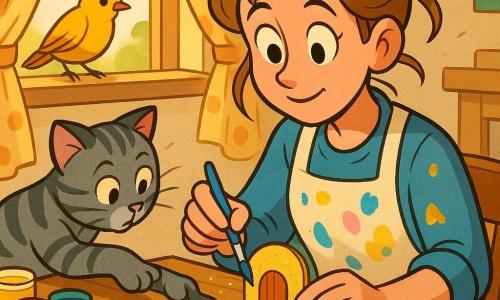 A young artist named Lena is gentle and focused, bright-eyed with a shy smile, holding a small blue brush and gluing a red button as a handle onto a tiny paper door; she wears a paint-stained apron (sky blue, mustard yellow, candy pink) and has light brown hair in a loose bun with strands free. A gray tabby cat named Sam slips onto the wooden work table, paw reaching toward the red button, while a small yellow bird perches on the window sill, tilting its head. The bright studio features a large table strewn with paint jars, brushes, colored paper and a box of buttons, afternoon sunlight through polka-dot curtains, warm cozy lighting, crisp details like wood texture, glossy paint drops and glitter dust, cheerful contrasting palette, soft rounded lines, light shadows, 90s cartoon style, composition centered on Lena and her tiny craft.