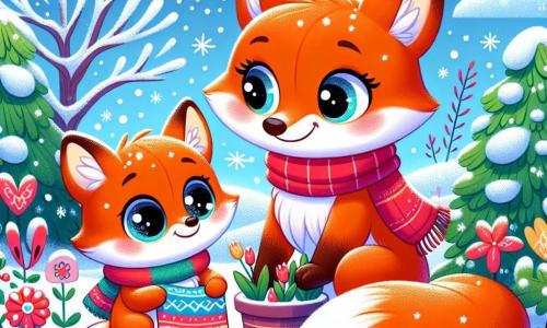 Un zorro adorable llamado Rufi, con un pelaje naranja brillante y ojos curiosos, está en un jardín nevado, maravillado por la nieve que cae suavemente. Sonríe ampliamente, con sus pequeñas orejas erguidas, sosteniendo una manta colorida para cubrir las flores. A su lado, su mamá, una hermosa zorra con un pelaje más suave y ojos cariñosos, lo ayuda a cubrir las plantas, mostrando una sonrisa cálida. Lleva una bufanda roja que contrasta con la blancura de la nieve. El lugar es un jardín encantador, lleno de copos de nieve brillantes, plantas verdes cubiertas de nieve y un cielo azul claro. Los árboles con ramas cargadas de nieve se alzan al fondo, añadiendo a la magia del invierno. La escena principal muestra a Rufi y su mamá preparando el jardín para el invierno, llenos de alegría y amor, disfrutando de este momento juntos en la belleza pacífica de la temporada.
