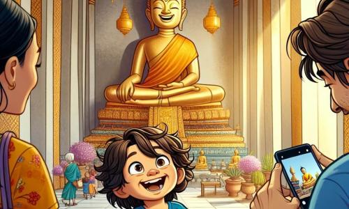 A 4-year-old boy named Sam, with messy brown hair and a big smile, holds a small blue dragon plush toy in his arms. He is amazed, eyes wide, in front of a huge golden Buddha in a temple. Next to him, his mom, a woman in her thirties with long black hair and a colorful dress, smiles at her son, while his dad, a man in his thirties with a light beard and a blue t-shirt, takes a photo with his phone. The temple is majestic, with walls adorned with golden patterns and colorful lanterns hanging from the ceiling, bathing the scene in warm light. Sam, standing on his tiptoes, admires the golden statue shining under the sun's rays, while his family surrounds him, creating a moment of joy and wonder.