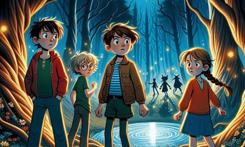 In a mysterious clearing, four friends stand together. Max, a 10-year-old boy with messy brown hair and a red t-shirt, looks courageously ahead, ready to face his fears. To his right, Lily, a 9-year-old girl with braided blonde hair and a blue dress, watches the dancing shadows with sparkling curious eyes. On the left, Ben, a 10-year-old boy with round glasses and a green sweatshirt, appears a bit nervous but clenches his fist, determined. Finally, Sarah, a 9-year-old girl with brown hair and an orange vest, takes a deep breath, ready to overcome her doubts. The clearing is surrounded by tall, twisted trees, their branches reaching like frightening arms towards the starry sky. Moonlight illuminates a shimmering pond in the center, where shadows seem to whisper mysterious secrets. Fireflies dance around them, adding a touch of magic to the atmosphere. The friends stand before a mysterious Shadow Guardian, emerging from the darkness, ready to confront their greatest fears in this nighttime adventure.