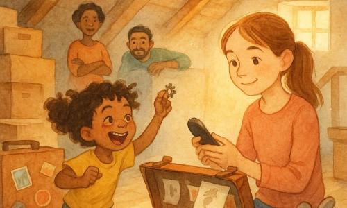 A tender, adventurous scene in a sunlit attic: Mila, 10, oval-faced with light brown hair in a ponytail and a calm, protective smile, gently holds a shiny black remote; behind her, 7-year-old Juno, curly dark hair and freckles, excitedly holds a small clip or toy and hops near an open chest as paper sheets with drawn prints float around; the smiling mother with crossed arms and amused father leaning on the sofa are visible by the stair hatch; exposed wooden beams, golden dust, stacked brown boxes, a stickered suitcase, mismatched plush toys and ribbons create a warm, watercolor-textured atmosphere.