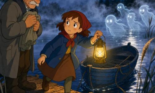 An eight-year-old girl with a round freckled face and short chestnut hair under a red scarf, large determined eyes and a brave yet slightly worried expression, holds a yellow lantern casting warm light as she walks toward an old blue rowboat named Whisper on a misty silver lake; an elderly man of about seventy in a gray wool coat with a white mustache and wrinkled hands stands on the left shore, relieved and moved, holding a small worn blanket, while several small translucent smiling ghostly figures with glowing-button eyes float gently behind the boat as if guiding it, the calm glassy water, cracked wooden pier, dark reeds and a partly veiled moon adding a slightly eerie but warm atmosphere.