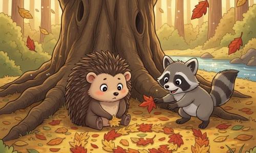 An anthropomorphic hedgehog (main character) with a sweet, shy expression and rosy cheeks sits under a massive oak, assembling a spiral of colorful autumn leaves on the ground with small paws; a young raccoon (secondary) with a gray-and-black mask, bright curious eyes and an enthusiastic posture stands slightly right and forward, offering a red star-shaped leaf to add to the spiral. The scene is an autumn clearing at the oak’s roots—exposed root nooks, yellow/red/brown leaves, bits of green moss and a sparkling stream in the background—with soft golden late-afternoon light, long shadows and gently falling leaves. Main action: two friends creating a large spiral of intact and hole-punched leaves, centered composition, warm colors and visible crumpled-paper textures. Style: childlike manga, clean lines, exaggerated tender expressions, saturated palette and soft contrasts.