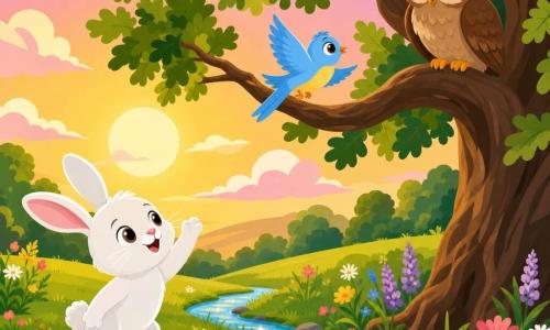 Benny, a small white rabbit with big soft ears and bright round eyes, stands on his hind legs waving an encouraging paw as Bella, a light-blue female bird with a yellow chest patch, bravely flies toward a large oak branch while an old brown owl watches from a high branch in a bright green meadow with wildflowers, a sparkling stream in the foreground and a golden evening sun with pink clouds.