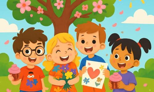 There are 4 children: Charlie, an 8-year-old boy with messy brown hair and round glasses, wearing a red t-shirt with a superhero design and holding a pink-frosted cupcake; Lily, a 7-year-old girl with curly blonde hair in a colorful floral dress, joyfully smiling while holding a bouquet of multicolored flowers; Max, a 7-year-old boy with brown hair and a big smile, dressed in a blue t-shirt and holding a decorated letter; and Zoe, a 6-year-old girl with black hair in pigtails, wearing a purple t-shirt and holding another cupcake, her eyes sparkling with joy. The children stand together under a large flowering apple tree, surrounded by gently falling pink petals. The sky is blue with fluffy white clouds, and the sun shines, creating a joyful and warm atmosphere. The main scene shows the children celebrating Mother's Day, smiling and excited as they prepare to give their letters and gifts to their moms, dancing and singing, filled with happiness and love in the festive park atmosphere.