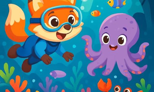 A small fox with bright eyes and a sandy tail, wearing a blue diving suit, happily swims underwater, its face radiating curiosity and excitement. Next to it, a pastel-colored octopus with waving arms and a friendly smile explores the seabed, its eyes sparkling with mischief. A bright red crab, with moving claws, stands on a rock, watching the scene with a look of wonder. The setting is a vibrant underwater world filled with colorful corals, shimmering fish, and rays of light filtering through the water's surface, creating a play of shadows and light. The main scene shows the fox and its friends discovering a mysterious cave, illuminated by natural lanterns, where marine creatures dance around them, creating a magical and adventurous atmosphere.