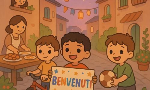Un ragazzo di 8 anni, Omar, orgoglioso, tiene un grande cartello colorato 