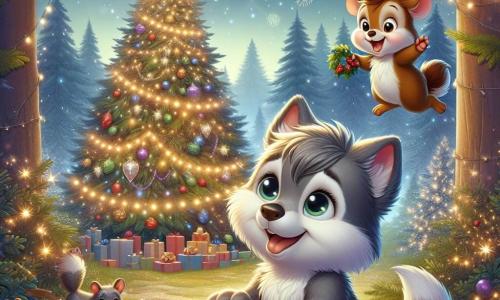 No centro da imagem, um pequeno lobo chamado Lupito, com pelagem cinza suave e olhos brilhantes de curiosidade, está decorando uma grande árvore de Natal em uma clareira encantada. Ele sorri, com as orelhas em pé, segurando uma guirlanda de folhas brilhantes com as patas dianteiras. Ao lado dele, seu melhor amigo, um travesso porquinho-da-índia chamado Pipoca, com pelagem marrom e bochechas redondas, salta de alegria, com os olhos arregalados de excitação, segurando um pequeno pacote de presente colorido. A clareira é banhada por uma suave luz dourada, cercada por árvores majestosas com folhas cintilantes, enquanto flocos de neve caem suavemente do céu estrelado. A cena mostra Lupito e Pipoca se preparando para a grande celebração de Ano Novo, cheios de entusiasmo e alegria, prontos para receber seus amigos animais para uma noite inesquecível.
