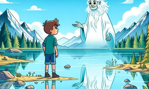 Um menino de 8 anos, Lucas, com cabelos castanhos bagunçados e olhos brilhantes de curiosidade, está à beira de um lago sereno. Ele veste uma camisa azul e um short de denim, seu rosto radiante de admiração enquanto observa seu reflexo na água. Ao seu lado, uma figura etérea emerge das águas: uma sabedoria personificada na forma de uma bela mulher idosa, com cabelos prateados flutuando como algas, que sorri suavemente enquanto fala com ele. O lago é cercado por montanhas majestosas, cujos picos nevados brilham ao sol, e árvores verdejantes margeiam suas margens, criando uma atmosfera pacífica e mágica. A cena principal mostra Lucas contemplando seu reflexo no lago, ouvindo atentamente as palavras da sabedoria que lhe revelam que o verdadeiro conhecimento está dentro dele.