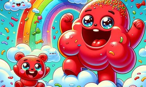 Ein kleines, gummibärchenförmiges, rotes Wesen mit funkelnden Augen und einem großen Lächeln tanzt fröhlich auf einer fluffigen Wolke, umgeben von buntem Konfetti, und drückt immense Freude und Aufregung aus. Neben ihm springt ein großes, wolkenförmiges Monster mit runden Augen und strahlendem Lächeln voller Glück in die Luft und wirft Lachsalven in die Höhe. Im Hintergrund erstreckt sich ein strahlend blauer Himmel mit zuckerwattenförmigen Wolken, während ein glitzernder Regenbogen majestätisch die Szene erhellt. Die Hauptsituation zeigt die beiden Freunde, die zusammen spielen und einen großen Quatschball kreieren, während kleine wolkenartige Kreaturen sie umgeben und bereit sind, sich dem Fest anzuschließen.