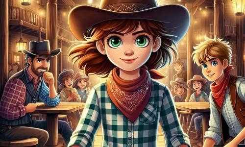Clara, o fată cowboy curajoasă de aproximativ 10 ani, stă în centrul imaginii, cu părul castaniu fluturând în vânt și ochii verzi strălucind de determinare. Poartă o pălărie de cowboy, o cămașă cu carouri și blugi, mânuind o frânghie cu un zâmbet încrezător pe față, pregătită să înfrunte aventura. La dreapta ei, Jake, un cowboy de 12 ani, cu părul blond în dezordine și o privire jucăușă, observă scena cu un aer admirativ, purtând o vestă din piele și un bandană roșie în jurul gâtului. Decorul se află într-un saloon animat din Vestul Sălbatic, cu pereți din lemn vechi, mese din stejar și clienți curioși care îi înconjoară, aplaudând și încurajând-o pe Clara. Situația principală o arată pe Clara provocând un grup de bandiți care încearcă să pătrundă în saloon, cu o expresie de bravură pe față, în timp ce bandiții, surprinși, se întorc spre ea, creând o tensiune palpabilă în aer.
