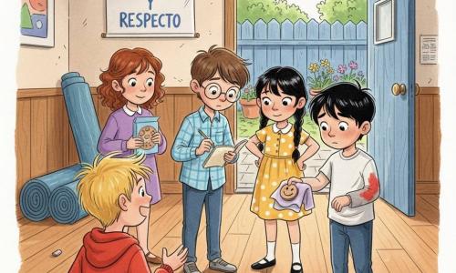 Hay cinco niños: Leo, ~7 años, pelo castaño corto, gafas redondas, camisa clara a cuadros, sostiene un cuaderno y lápiz mostrando un dibujo; Ana, ~7, trenza negra, vestido amarillo, manos en caderas, mirada determinada; Mateo, ~7, pelo rubio alborotado, sudadera roja, mano levantada como preguntando; Sofía, ~7, pelo castaño rizado, suéter verde menta, sostiene una caja de galletas; Pablo, ~8, tímido, pelo negro, tiene una mancha de pintura roja en la manga y una zapatilla embarrada, ofrece una toalla con un medallón sonriente de madera. Lugar: pequeño dojo y patio trasero soleado con suelo de madera, tatamis recogidos, un cartel “Honestidad y respeto” y puerta trasera abierta hacia un patio con valla azul y macetas. Situación: los niños rodean a Pablo mientras devuelve el medallón; escena de descubrimiento y perdón, rostros emocionados, ambiente cálido y luminoso con sombras suaves y colores vivos.