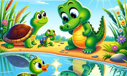 Un pequeño cocodrilo llamado Coco, con piel verde brillante y ojos redondos y curiosos, mira su reflejo en el agua con una expresión de sorpresa y asombro. A su lado, la tortuga Tina, con su caparazón marrón y sus pequeños ojos traviesos, se acerca sonriendo, mientras que el pato Paco, con plumas amarillas brillantes, nada alegremente, y la rana Rita, verde y saltarina, se encuentra sobre una piedra, lista para saltar. El escenario es una orilla soleada de un río brillante, rodeada de grandes hierbas verdes y flores coloridas, donde el sol brilla intensamente en un cielo azul claro. La situación principal muestra a Coco, maravillado, descubriendo que su cola brilla como una estrella, mientras sus amigos lo observan con curiosidad y alegría.