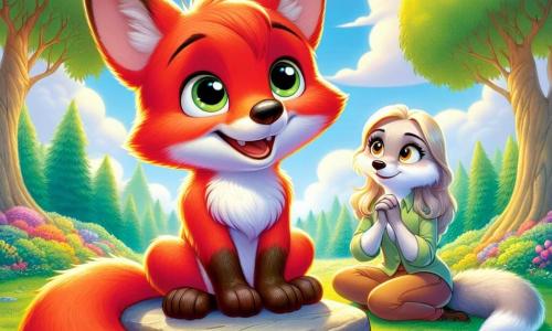 Ein kleiner Fuchs namens Felix, mit einem strahlend roten Fell und neugierigen, glänzenden Augen, steht im Mittelpunkt der Szene und zeigt einen Ausdruck, der sowohl fröhlich als auch leicht melancholisch ist. Er sitzt auf einem großen Stein, die Beine übereinander geschlagen, und schaut nachdenklich in den blauen Himmel, der mit flauschigen weißen Wolken bedeckt ist. 

Rechts von ihm sitzt seine Mama, eine sanfte Füchsin mit seidig-weichem Fell und liebevollen Augen, die ihm zärtlich zulächelt, während sie auf dem grünen Gras sitzt, die Pfoten auf ihren Knien. Links von ihm steht sein Papa, ein robuster Fuchs mit dunklerem Fell und einem beschützenden Blick, die Arme verschränkt und ein tröstliches Lächeln auf den Lippen. 

Der Ort ist eine sonnige Lichtung, umgeben von majestätischen Bäumen mit leuchtend grünen Blättern, und bunten Blumen, die im Wind tanzen. 

Die Hauptsituation zeigt Felix, der mit seinen Eltern spricht und einen Moment der Zuneigung und des Verständnisses teilt, während sie ihm ihre neue Lebensweise erklären und ihm zeigen, dass sie ihn immer noch lieben.