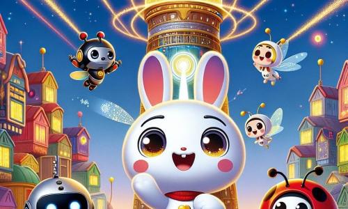 Un coniglietto di nome Bibo, con un pelo bianco e occhi brillanti di curiosità, salta gioiosamente davanti al Grande Faro, una torre futuristica scintillante, con un grande sorriso sul volto. Accanto a lui, Roby, un piccolo robot dalle forme arrotondate e con una luce blu sul petto, osserva con un'espressione di eccitazione, mentre Lilla, una coccinella rossa con puntini neri, vola intorno a loro, le ali che battono rapidamente, piena di entusiasmo. Il Grande Faro, alto e maestoso, è circondato da case di vetro colorato, e luci brillano nel cielo notturno, creando un'atmosfera magica. Al centro dell'immagine, Bibo preme un pulsante luminoso del Faro, scatenando un'esplosione di luce che illumina il cielo, simboleggiando il ripristino della luce nella città.