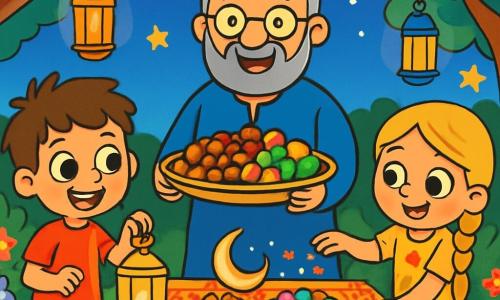 Ci sono 3 personaggi: - Luca: un ragazzo di 6 anni, con capelli castani disordinati e occhi scintillanti. Indossa una maglietta rossa e pantaloni corti blu. È in piedi a sinistra, sorridente, mentre tiene una lanterna dorata. - Sara: una ragazza di 6 anni, con lunghi capelli biondi intrecciati e occhi verdi. Indossa un vestito giallo a fiori. È a destra di Luca, mentre sparge petali di fiori su una bella tovaglia. - Monsieur Ali: un uomo di mezza età, con barba grigia e occhiali. Indossa una tunica tradizionale blu. Si trova al centro, sorridente, mentre tiene un grande vassoio pieno di delizie colorate. Il luogo è un giardino incantevole, pieno di fiori vivaci e lanterne scintillanti appese ai rami degli alberi. Il terreno è coperto da una bella tovaglia colorata, e le stelle iniziano a brillare nel cielo crepuscolare. La scena principale mostra i bambini e Monsieur Ali che preparano una magnifica tavola per una celebrazione del Ramadan, circondati da risate e gioia, con piatti appetitosi e luci brillanti che illuminano il giardino.
