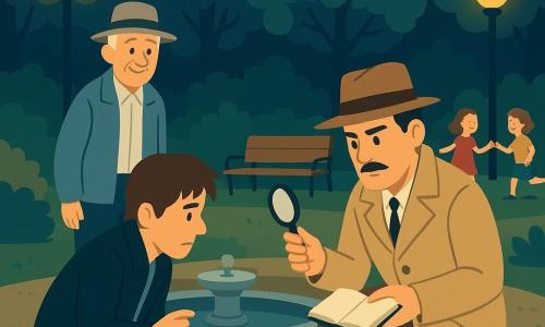 Un detective di circa 40 anni, viso quadrato, baffi sottili, occhi attenti e sopracciglia corrugate, con cappotto beige e fedora, si inginocchia vicino a una fontana tenendo una lente e un taccuino aperto; Giuseppe, uomo di circa 70 anni con capelli grigi e cappello a tesa larga, sorride dolcemente da un vialetto di ghiaia a sinistra; Luca, giovane di circa 20 anni con capelli castani disordinati e giacca scura, è accucciato sul bordo della fontana con un piccolo pezzo di metallo in mano; a destra due bambini (una bambina di 8 anni e un bambino di 7) ridono vicino a una panchina; parco cittadino di notte con fontana circolare in pietra, alberi ombrosi, lampioni con luce gialla calda, cespugli e una piccola cassetta di legno ai piedi di un albero; scena principale: interrogatorio calmo del detective a fianco della fontana sotto un lampione, oggetti trovati (un piccolo cacciavite) sul pavimento, atmosfera misteriosa ma rassicurante; colori piatti e contrastati (blu profondo per il cielo, gialli caldi per le luci, verdi tenui per la vegetazione), forme semplici e stile adatto ai bambini.
