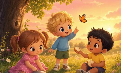 Ci sono tre bambini di 4 anni: Lila, occhi nocciola, capelli castano chiaro in codini e vestito rosa a pois, seduta a sinistra a toccare un piccolo sasso liscio; Tom, capelli biondi spettinati, maglione azzurro e pantaloncini verdi, al centro in piedi che guarda una farfalla arancione; Nino, pelle leggermente abbronzata, capelli neri corti e maglietta gialla, a destra seduto sull'erba a condividere un pezzo di pane. Sono in un prato verde al crepuscolo con fiori bianchi e violacei, un grande albero a sinistra e un cielo rosa-arancio; i bambini giocano insieme ai piedi dell'albero, quasi tenendosi per mano, in un'atmosfera tenera e luminosa.