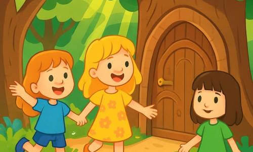 Ci sono 3 personaggi: - Livia: ragazza di circa 8 anni, con capelli dorati come il sole, indossa un vestito giallo a fiori. È al centro, sorridente e piena di entusiasmo. - Sofia: ragazza di circa 8 anni, con occhi blu scintillanti, indossa una tunica blu e pantaloni di jeans. È a sinistra di Livia, saltellando di gioia. - Marta: ragazza di circa 8 anni, con capelli castani e frangia, indossa un vestito verde. È a destra di Livia, un po' esitante ma sorridente, tiene la mano delle sue amiche. Il luogo è una foresta incantata, con grandi alberi dai tronchi spessi e foglie di un verde brillante. I raggi di sole filtrano tra il fogliame, illuminando un sentiero bordato di fiori colorati e piccole creature magiche. Un ruscello scintillante serpeggia attraverso il paesaggio, aggiungendo un tocco di magia all'ambiente. La situazione principale mostra le tre amiche che scoprono una porta in legno intagliato, nascosta dietro un grande albero. Guardano con meraviglia la porta, pronte a entrare in un mondo misterioso e magico, i loro volti illuminati dall'emozione dell'avventura che le attende.