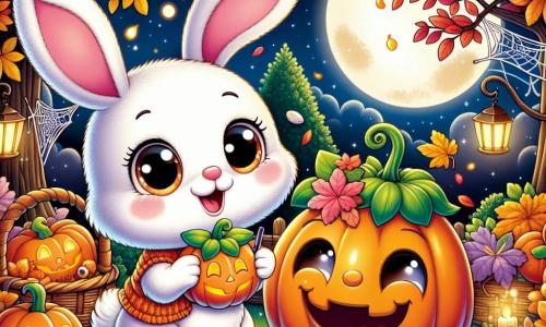 Un adorabile coniglietto bianco, con grandi orecchie e un naso rosa che trema dall'eccitazione, sta decorando un giardino con foglie colorate e lanterne a forma di zucca. Il suo volto irradia gioia e curiosità. Accanto a lui, una gioiosa zucca sorridente, con occhi scintillanti e un ampio sorriso, balla oscillando le sue foglie verdi, felice di aiutare il coniglio a preparare la festa di Halloween. Il decor è un incantevole giardino autunnale, pieno di foglie dorate e rosse, zucche luminose e ragnatele scintillanti appese ai rami degli alberi. La luna brilla alta nel cielo, aggiungendo un tocco magico all'atmosfera. La scena principale mostra il coniglio e la zucca intenti a preparare la festa di Halloween, circondati da decorazioni colorate, pronti ad accogliere tutti i loro amici animali per una notte di risate e magia.