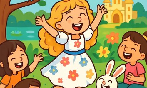 La princesa Lila, una niña de unos 8 años, tiene largos cabellos rizados y dorados, y lleva un vestido blanco adornado con flores de colores. Sonríe alegremente, con los ojos brillantes de emoción mientras baila torpemente con los brazos en alto, rodeada de un grupo de amigos. Rufi, un pequeño conejo blanco con grandes orejas, está a su lado, riendo y sosteniendo una zanahoria, mientras un pájaro azul canta alegremente en una rama cercana. El lugar es un hermoso jardín real, lleno de flores brillantes, grandes árboles con hojas verdes y un lago reluciente al fondo, donde flotan nenúfares. La escena principal muestra a Lila y sus amigos celebrando un alegre picnic, rodeados de risas y colores, con caramelos multicolores esparcidos a su alrededor, creando un ambiente festivo y divertido.