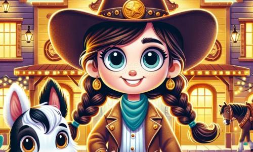 Una joven vaquera llamada Lola, con trenzas de cabello castaño y una gran sonrisa valiente, lleva un sombrero de vaquero y una chaqueta de cuero. Se encuentra frente al Saloon Dorado, con los ojos brillantes de emoción y curiosidad. A su lado, su perrito Copito, un adorable cachorro blanco con grandes orejas, mueve la cola con entusiasmo. Un poco más lejos, su caballo Estrella, una hermosa yegua negra con una melena ondulada, se mantiene orgullosa, mirando a su alrededor. El Saloon Dorado es un edificio de madera de colores dorados, con ventanas brillantes y un letrero resplandeciente que atrae la atención. Faroles de hierro forjado iluminan la entrada, creando una atmósfera cálida y misteriosa. Lola, decidida a resolver el misterio de la música mágica que resuena cada noche, avanza hacia el saloon, lista para descubrir los secretos que encierra.