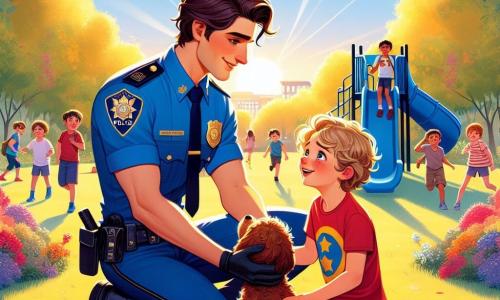 Ein junger Polizist, Lukas, ist ein Mann in den Zwanzigern mit braunen Haaren und funkelnden, entschlossenen Augen. Er trägt eine blaue Polizeiuniform mit einem glänzenden Abzeichen auf der Brust und lächelt warmherzig, während er einem kleinen Jungen hilft, seinen Hund zu finden. Der kleine Junge, etwa 7 Jahre alt, hat zerzauste blonde Haare und trägt ein rotes T-Shirt mit einem Superheldenaufdruck. Er kniet mit Tränen in den Augen und schaut Lukas hoffnungsvoll an. Der Ort ist ein sonniger Park, voller grüner Bäume und bunter Blumen. Im Hintergrund spielen Kinder, und eine große Rutsche steht neben ihnen. Die Hauptsituation zeigt Lukas, der sich sanft zu dem kleinen Jungen beugt, während ein kleiner, lockiger Hund fröhlich auf sie zukommt, bereit, seinen jungen Besitzer wiederzufinden.