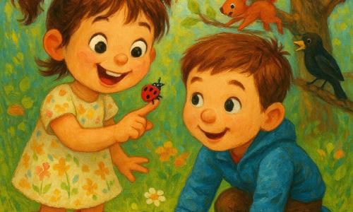 A joyful 4-year-old girl with brown pigtails and bright eyes, wearing pink boots and a floral dress, holds a small red ladybug with black spots on her fingertip; a curious smiling boy of about 5 with short brown hair and a blue jacket crouches beside her, one hand on the wet grass. Two red squirrels dash along a tree trunk in the background with bushy tails, and a black bird perches on a low branch singing with wings folded, head tilted toward the children. The garden has glossy green grass dotted with small yellow and white flowers, tender leaves, a large apple tree with buds, wet flat stones and visible dewdrops. The scene captures a springtime discovery in soft morning light, saturated but gentle colors, visible acrylic paint textures, and a calm, happy atmosphere.
