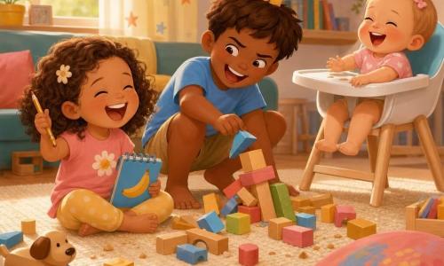 A joyful 4-year-old girl with curly brown hair and squinted smiling eyes holds a small blue notebook with a banana doodle and a trembling pencil; her ~7-year-old brother with short chestnut hair, half-annoyed half-amused, crouches by a toppled block tower with a hand raised as if he placed the last brick; a ~1-year-old baby girl with fine light hair sits in a high chair to the right, laughing and banging the tray while a metal spoon rolls under the rug. The warm living room has a cream woven rug, late-afternoon light from a window, colorful cushions, scattered wooden toys and blocks, and a star-patterned curtain. The main scene centers on the three laughing faces: the little girl scribbling quickly, the collapsed tower, and two blocks perched like hats on the baby and brother; small details include crumbs on the rug, handprint paint on a cushion, and a shiny spoon partly hidden under the rug. Palette: warm pastels (pale yellow, sky blue, salmon pink), soft shadows, rounded contours, smooth gradient-mesh rendering with subtle wood and fabric textures, composition focused on the three faces.