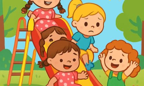 There are 3 characters: - Lily: a 6-year-old girl with brown braided hair, wearing a pink dress with white polka dots. She is at the top of a slide, smiling and ready to slide down. - Mia: a 5-year-old girl with blonde ponytail hair, dressed in a blue t-shirt and yellow shorts. She is sitting at the edge of the slide, a bit nervous but determined. - Ava: a 6-year-old girl with curly red hair, wearing a green overall. She is at the bottom of the slide, raising her arms to encourage Mia. The scene takes place in a sunny park with lush green trees, colorful flowers, and a large red and yellow slide shining in the sun. Children are playing around, laughing and having fun, while a clear blue sky stretches above them. The main situation shows Mia, a bit hesitant, sitting at the top of the slide, while Lily joyfully slides down, and Ava encourages her with a big smile. Mia's expression shows both fear and excitement, capturing the moment she overcomes her fear of the slide.