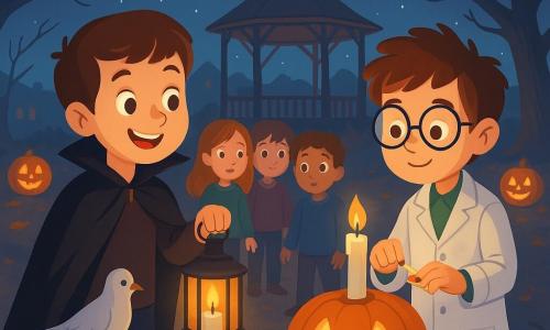 Há 2 personagens principais: - Um menino de 10 anos chamado João, vestindo uma capa de vampiro preta que arrasta levemente no chão, está à esquerda da imagem, segurando uma lanterna que ilumina seu rosto sorridente. - Um menino de 10 anos chamado Miguel, vestido com um traje de cientista louco com óculos de cartolina trêmulos, está à direita da imagem, acendendo velas com uma caixa de fósforos pequenos. O local é uma praça de vila mergulhada na penumbra, iluminada por abóboras esculpidas com velas dentro. As árvores ao redor estão desfolhadas, seus galhos formando silhuetas dançantes sob a luz das estrelas. No centro, um antigo coreto de madeira é cercado por folhas secas. A situação principal mostra João e Miguel guiando um grupo de cinco crianças mais novas, que os seguem com olhos arregalados e curiosos. As crianças estão cercadas por sombras suaves e luzes vacilantes, criando uma atmosfera de aventura e mistério. Uma pomba prateada está empoleirada em uma abóbora, parecendo observar a cena com um ar benevolente.