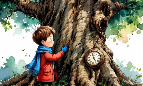 An 11-year-old boy named Oliver, with tousled brown hair and sparkling curious eyes, stands before a massive ancient oak in the enchanted forest. He wears a bright red coat, a blue scarf, and wool gloves, his face showing excitement mixed with wonder as he touches the tree's rough bark. Nearby, a mysterious figure, the Timekeeper, appears as a glowing creature, hovering slightly above the ground. Its eyes shine with infinite wisdom and its body sparkles like stars, creating a magical atmosphere. The setting is a peaceful forest bathed in silver moonlight, with majestic trees laden with shimmering snow. The ground is covered in a thick layer of snow, and snowflakes gently fall, adding a touch of magic to the scene. The main situation shows Oliver, heart racing, ready to embark on his quest to find the Tokens of Time, as the Timekeeper entrusts him with an important mission, creating a moment of intense anticipation on this New Year's Eve.