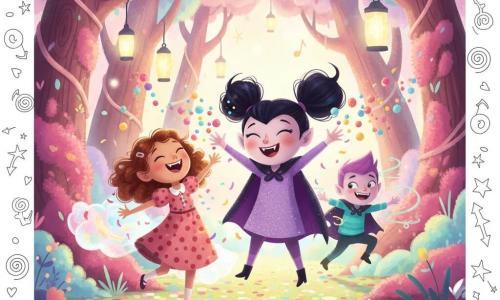 The main character is a joyful, mischievous girl vampire with shiny black pigtails, slightly pearly skin, small pointed but smiling teeth, and a sparkly purple cape; she laughs with arms open, sending sparkling colorful bubble-like lights that trigger a burst of giggles from a relieved, radiant 10-year-old human girl (Pippa) with chestnut curls and a polka-dot dress surrounded by confetti. Nearby, a small boy vampire (Vinnie) with spiky hair and a turquoise cape grins conspiratorially while twirling ribbons. They stand in a clearing called "Ticklish Treetops" with giant mossy trunks, sugar vines, pastel pompom leaves that tremble and chime, a carpet of rainbow petals and hanging lanterns; the scene captures the exact moment the girl regains her giggle as a rain of tickling stars produces exuberant, warm laughter in a colorful, plush-textured, rounded, expressive composition.