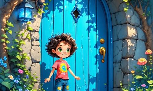 In the center of the image, a 12-year-old girl named Lila, with curly, tousled hair and sparkling green eyes full of curiosity, stands in front of a mysterious blue door. Her face shows a mix of excitement and apprehension, and she wears a colorful t-shirt and denim shorts. Beside her is a small fantastical character named Pip, a blend of rabbit and bird, with soft feathers and a little vest, jumping for joy, his round eyes shining with enthusiasm. The setting is a dusty old attic filled with wooden boxes, old books, and cobwebs, with a beam of light illuminating the mysterious door. The main scene shows Lila ready to open the door while Pip encourages her with a big smile, creating an atmosphere of adventure and magic.