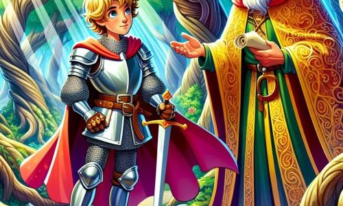 A young knight, Sir Cedric, stands bravely at the edge of a winding path, his shining armor reflecting the sunlight. His eyes sparkle with excitement and apprehension as he firmly holds his sword, ready to face the unknown. Beside him, an old sage, King Alaric, around 60 years old, wears a majestic robe adorned with golden patterns. He looks at Sir Cedric with a mix of pride and concern, holding an old scroll in his trembling hands. The setting is a dense forest with gigantic trees and vibrant green leaves filtering rays of light. Mysterious shadows dance among the branches, creating a magical yet unsettling atmosphere. The main scene shows Sir Cedric, determined and ready to choose his path, while King Alaric offers important advice, emphasizing the significance of his quest to save the kingdom from looming shadows.