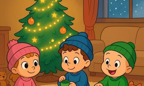 There are three characters: A one-year-old girl with big curious eyes and a pink wool hat, sitting on the left near the Christmas tree, smiling as she looks at the lights. A one-year-old boy with curly hair and a blue cap, sitting in the center, gently tapping a cup with his small hands. A one-year-old boy with a round face and a green cap, sitting on the right, laughing as he rolls a colorful ball. The setting is a cozy living room with a large Christmas tree decorated with twinkling lights and stars. The floor is covered with a soft carpet, and a window shows snow gently falling outside. The main scene shows the three children sitting in a circle around the glowing tree, surrounded by toys and stuffed animals. A plush fox stands near them, seemingly playing with the ball. The atmosphere is joyful and gentle, with golden lights creating a magical ambiance.