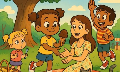 A smiling, proud 6-year-old girl with light brown curly hair in two small pigtails holds a chocolate ice cream cone and walks slowly to offer it to her seated mother—a woman of about 30–35 with long brown hair in a light floral dress—on a red-and-white checkered blanket under a large green oak in a sunny park; nearby Leo, about 6–7 with short dark brown hair and a striped tee, jumps and reaches to encourage her on the right, while little Ruby, about 4–5 with blonde hair in pigtails, stands left holding a small plastic fork and gazing in wonder; a small gray tabby cat named Whiskers weaves between baskets and legs, an open wicker picnic basket with sandwiches and lemonade is visible, dandelions and soft grass surround them and a refreshment stall with a line of blurred figures sits in the background, capturing a warm, joyful Mother's Day picnic moment in a 90s cartoon style with crisp lines, bright pastel palette and soft late-afternoon light.