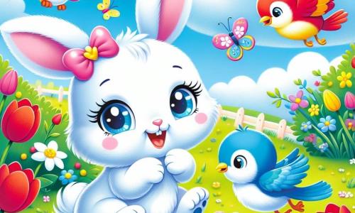 In a sunny garden, a small bunny named Bella, with soft white fur, large pink ears, and sparkling joyful eyes, is hiding colorful eggs under a green bush. She smiles enthusiastically, her front paws raised, ready to play. Next to her, two colorful birds, a bright-feathered robin and a blue tit, are joyfully flying in the air, their eyes shining with excitement as they search for the eggs. They are approaching a pink egg hidden in the grass. Colorful butterflies dance around Bella, one, a yellow butterfly, delicately landing on her nose, while another, with blue and purple patterns, flutters around her, both expressing contagious joy. The garden is filled with vibrant flowers, red tulips, and yellow daffodils, and the sky is a bright blue, dotted with fluffy white clouds. The scene depicts Bella and her friends in an Easter egg hunt, laughing and having fun together, surrounded by vivid colors and the beauty of spring.