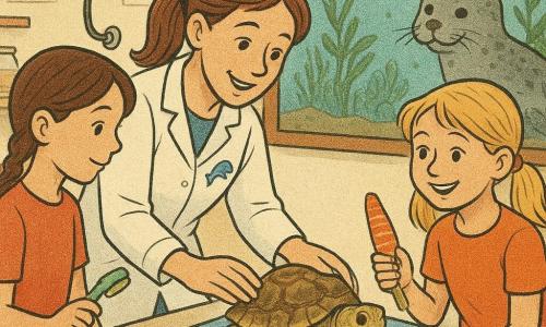 Uśmiechnięta weterynarka około trzydziestki z kasztanowymi włosami związanymi w kucyk, w białym fartuchu z motywem delfina, klęczy i delikatnie bada małą oliwkowo-żółtą żółwikę położoną na niebieskim ręczniku; po lewej stoi około 10-letnia Asia z brązowymi zaplecionymi włosami trzymająca małą szczoteczkę do żółwi, po prawej klęczy około 11-letnia Basia z blond kitkami i uśmiechem, trzymająca pomarańczowo-białą marchewkę; pośrodku na stole egzaminacyjnym Franek, mały żółw o marmurkowym brązowo-zielonym pancerzu i spokojnych, okrągłych oczach, podnoszący płetwę jak na powitanie; w tle duże prostokątne akwarium z turkusową wodą, zielonymi roślinami i zabawną foką Tosią przyciskającą głowę do szyby; jasna klinika o kremowych ścianach, drewniane półki z słoikami, wiszące stetoskopy i kolorowe plakaty morskich zwierząt, miękkie światło z okna; scena emanuje delikatnym, uspokajającym badaniem, ciepłymi wyrazami twarzy, spokojną atmosferą, wyraźnymi detalami, kontrastowymi kolorami i ziarnistym efektem jak druk gazetowy.