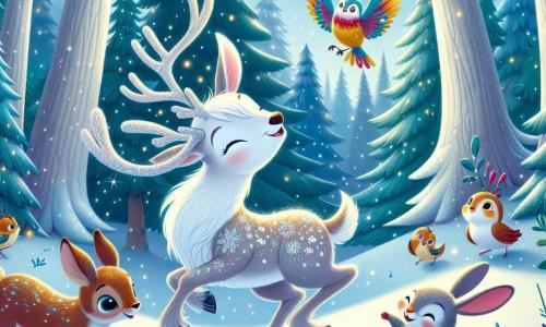 Un reno llamado Rimo, con un pelaje blanco brillante y ojos resplandecientes como estrellas, baila alegremente en la nieve, levantando sus patas con gracia y dejando huellas delicadas detrás de él. Cerca, un pequeño conejo llamado Tito, con orejas largas y ojos chispeantes, observa con asombro, sus patas traseras listas para saltar de alegría. Un pájaro colorido llamado Lila, con plumas azul brillante y un vientre amarillo, vuela sobre ellos, cantando una melodía alegre, sus alas batiendo suavemente. La escena transcurre en un claro encantado, rodeado de árboles majestuosos cubiertos de nieve brillante, donde copos de nieve caen suavemente como estrellas fugaces. En el centro de esta magia invernal, Rimo expresa su alegría bailando, creando una atmósfera de felicidad y amistad en este paisaje de cuento de hadas.
